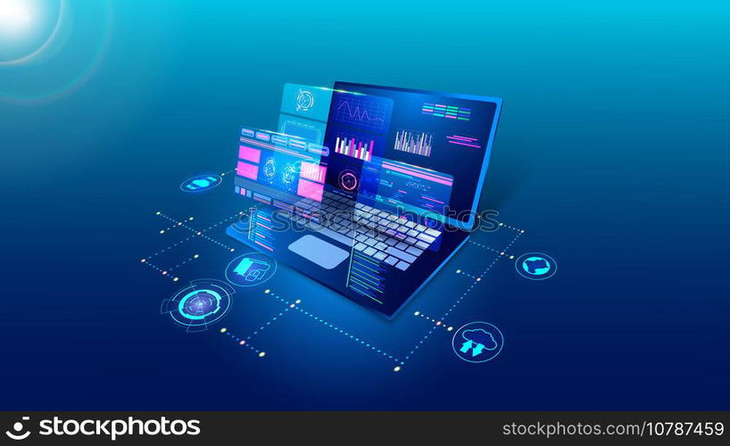 Software technology, digital program develop. Laptop api code, web application, computer monitor interface. Analysis and processing of information. Business development. Vector creative background. Software technology, digital program develop. Laptop api code, web application, computer monitor interface. Analysis and processing of information. Vector creative background