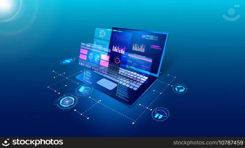 Software technology, digital program develop. Laptop api code, web application, computer monitor interface. Analysis and processing of information. Business development. Vector creative background. Software technology, digital program develop. Laptop api code, web application, computer monitor interface. Analysis and processing of information. Vector creative background
