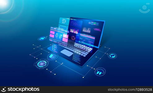 Software technology, digital program develop. Laptop api code, web application, computer monitor interface. Analysis and processing of information. Business development. Vector creative background. Software technology, digital program develop. Laptop api code, web application, computer monitor interface. Analysis and processing of information. Vector creative background