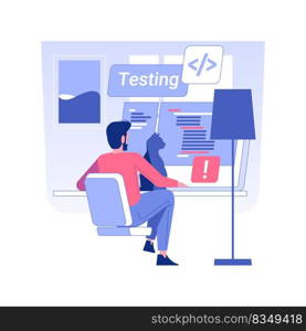 Software tester isolated concept vector illustration. Man with cat tests software from home, IT company QA team, remote job, digital nomad, self-employed professional vector concept.. Software tester isolated concept vector illustration.