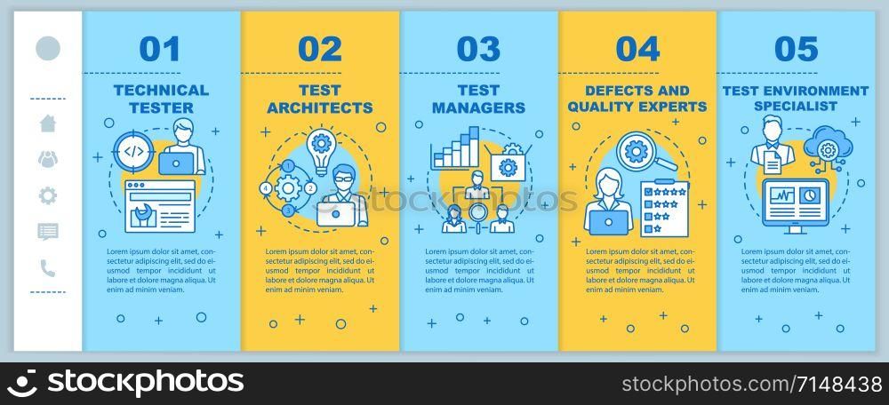 Software testers onboarding mobile web pages vector template. Analysis experts. Responsive smartphone website interface idea with linear illustrations. Webpage walkthrough step screens. Color concept
