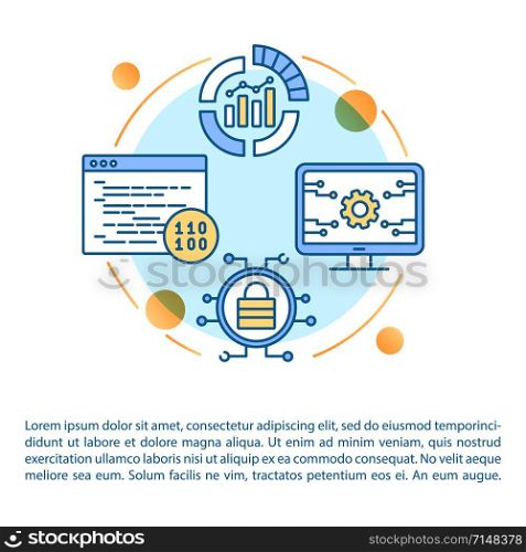 Software testing article page vector template. Coding. Computer program development. Brochure, magazine, booklet design element with linear icons. Print design. Concept illustrations with text