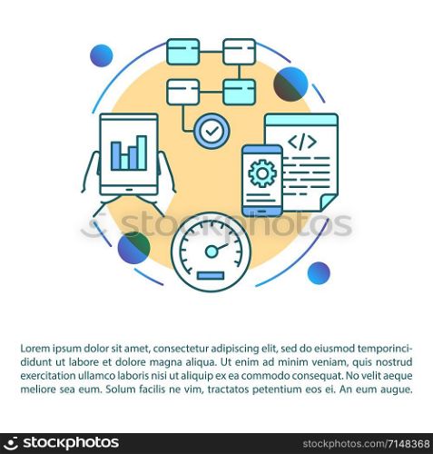 Software testing article page vector template. Mobile application. Coding. App development. Brochure, magazine, booklet design element with linear icons. Print design. Concept illustrations with text