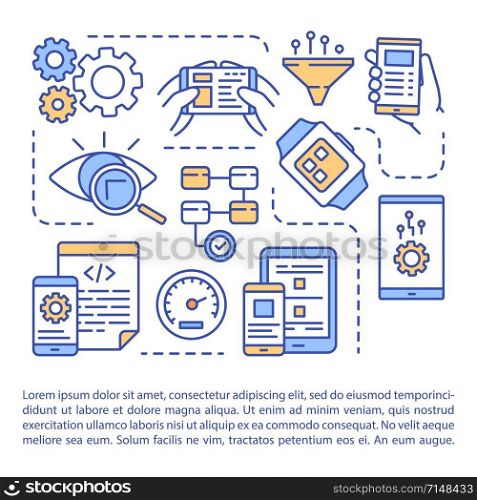 Software testing article page vector template. Mobile testing application. App development. Brochure, magazine, booklet design element with linear icons. Print design. Concept illustrations with text