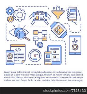 Software testing article page vector template. Mobile testing application. App development. Brochure, magazine, booklet design element with linear icons. Print design. Concept illustrations with text