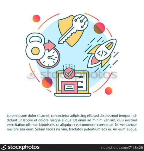 Software testing article page vector template. Performance analysis. Cyber security. Coding. Brochure, magazine, booklet design element with linear icons. Print design. Concept illustrations with text