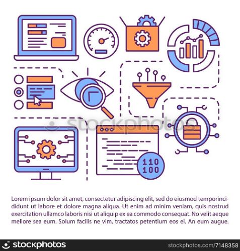 Software testing article page vector template. Program performance and usability analysis. Brochure, magazine, booklet design element with linear icons. Print design. Concept illustrations with text
