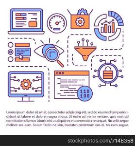 Software testing article page vector template. Program performance and usability analysis. Brochure, magazine, booklet design element with linear icons. Print design. Concept illustrations with text