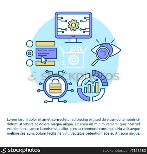 Software testing article page vector template. Usability analysis. Program development. Brochure, magazine, booklet design element with linear icons. Print design. Concept illustrations with text