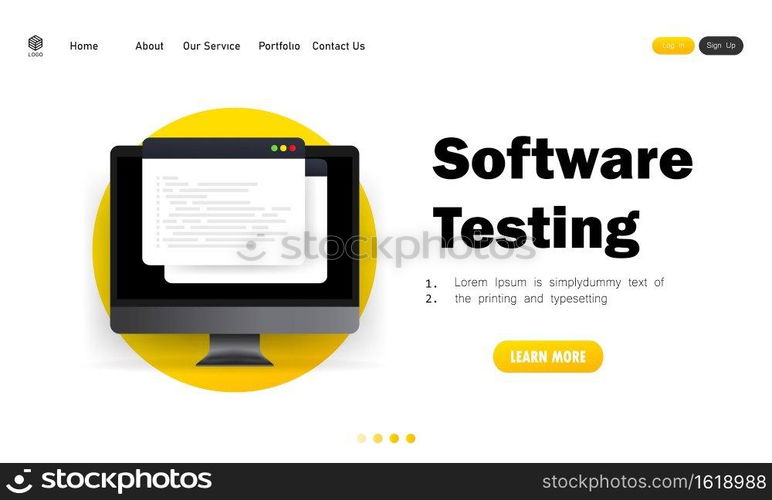 Software testing banner. Development, programming, coding on computer illustration. Vector on isolated white background. EPS 10.. Software testing banner. Development, programming, coding on computer illustration. Vector on isolated white background. EPS 10