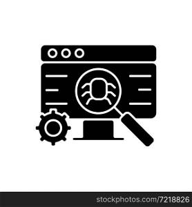 Software testing black glyph icon. Improving performance. Preventing implementation bugs. Handle programming glitches. Defect clustering. Silhouette symbol on white space. Vector isolated illustration. Software testing black glyph icon