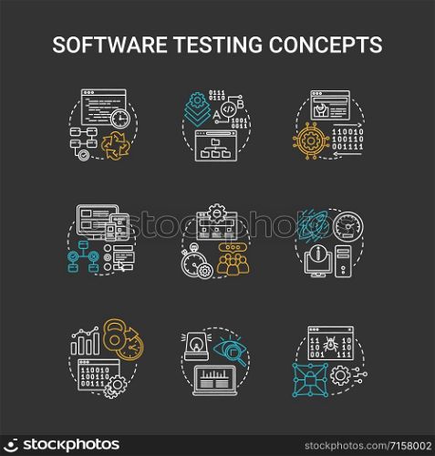 Software testing chalk concept icons set. idea. System perfomance verification idea thin line illustrations. Program development stages. Reliability, stability. Vector isolated chalkboard illustration