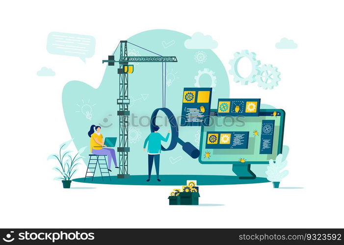 Software testing concept in flat style. Engineer debugging web application scene. Software testing and quality assurance, search of bugs banner. Vector illustration with people characters in situation. Software testing concept in flat style.