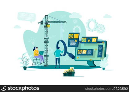 Software testing concept in flat style. Engineer debugging web application scene. Software testing and quality assurance, search of bugs banner. Vector illustration with people characters in situation. Software testing concept in flat style.