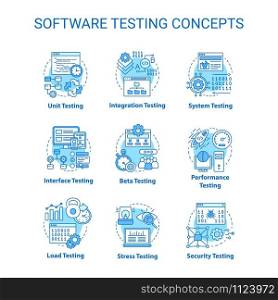 Software testing concept turquoise icons set. System perfomance verification idea thin line illustrations. Program development stages. Reliability. Vector isolated outline drawings. Editable stroke