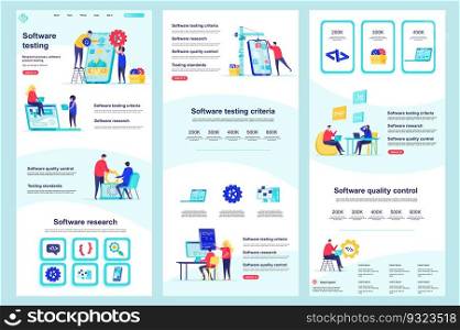 Software testing flat landing page. Programs debugging and optimization corporate website design. Web banner template with header, middle content, footer. Vector illustration with people characters.