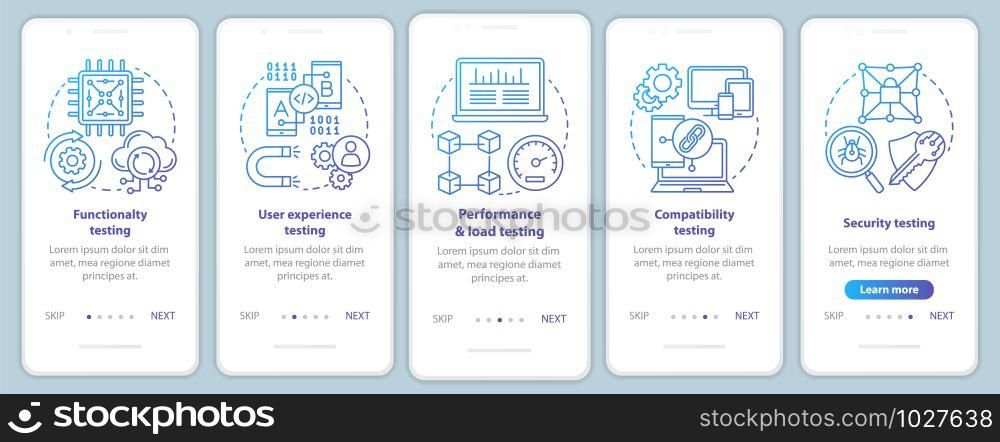 Software testing onboarding mobile app page screen vector template. Computer program development. Walkthrough website steps with linear illustrations. UX, UI, GUI smartphone interface concept