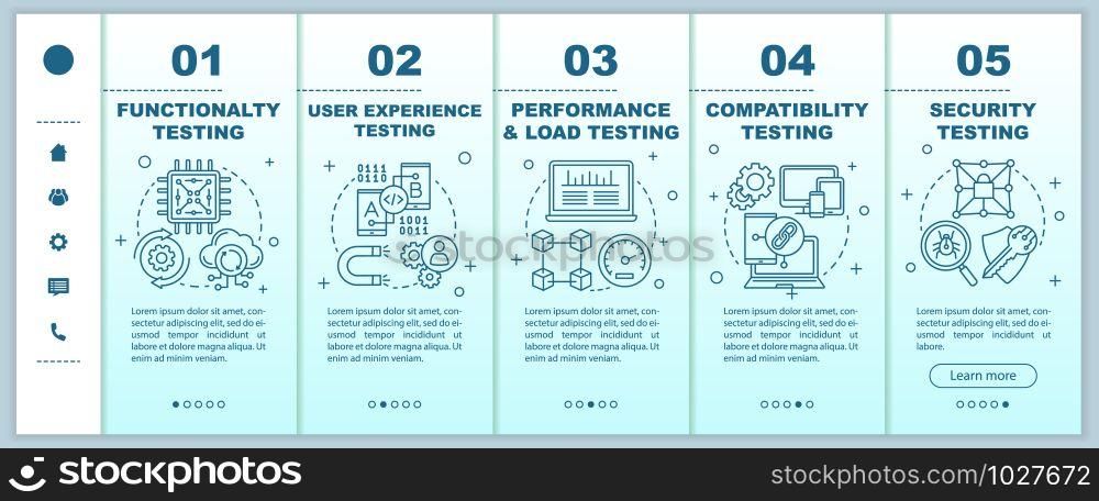 Software testing onboarding mobile web pages vector template. Responsive smartphone website interface idea with linear illustrations. Webpage walkthrough step screens. Color concept