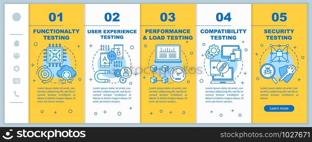 Software testing onboarding mobile web pages vector template. App development. Responsive smartphone website interface idea with linear illustrations. Webpage walkthrough step screens. Color concept
