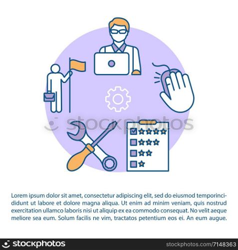 Software testing roles article page vector template. Evaluation. IT analyst. Development. Brochure, magazine, booklet design element with linear icons. Print design. Concept illustrations with text