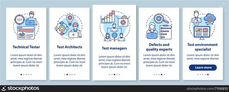 Software testing roles onboarding mobile app page screen with linear concepts. Qulity control experts walkthrough steps graphic instructions. UX, UI, GUI vector template with illustrations