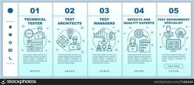 Software testing roles onboarding mobile web pages vector template. IT analysts. Responsive smartphone website interface idea with linear illustrations. Webpage walkthrough step screens. Color concept
