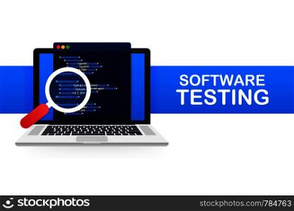 Software testing. Software development workflow process coding testing analysis concept. Vector stock illustration.