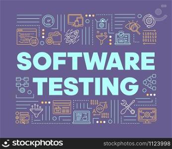 Software testing violet word concepts banner. Examine computer system. Detect problems. Presentation, website. Isolated lettering typography idea with linear icons. Vector outline illustration