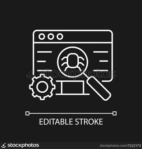 Software testing white linear icon for dark theme. Improving performance. Preventing bugs. Thin line customizable illustration. Isolated vector contour symbol for night mode. Editable stroke. Software testing white linear icon for dark theme