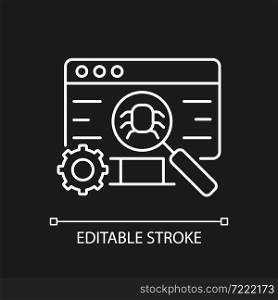 Software testing white linear icon for dark theme. Improving performance. Preventing bugs. Thin line customizable illustration. Isolated vector contour symbol for night mode. Editable stroke. Software testing white linear icon for dark theme