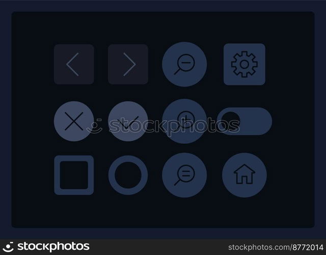 Software UI elements kit. User interaction isolated vector components. Flat navigation menus and interface buttons template. Dark theme web design widget collection for mobile application. Software UI elements kit