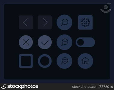 Software UI elements kit. User interaction isolated vector components. Flat navigation menus and interface buttons template. Dark theme web design widget collection for mobile application. Software UI elements kit
