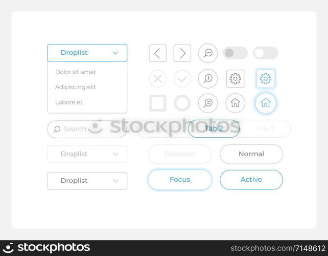 Software UI elements kit. User setting isolated vector components. Flat navigation menus and interface buttons template. Light theme web design widget collection for mobile application. Software UI elements kit