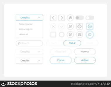 Software UI elements kit. User setting isolated vector components. Flat navigation menus and interface buttons template. Light theme web design widget collection for mobile application. Software UI elements kit