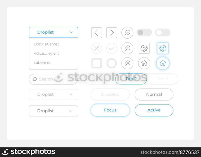 Software UI elements kit. User setting isolated vector components. Flat navigation menus and interface buttons template. Light theme web design widget collection for mobile application. Software UI elements kit