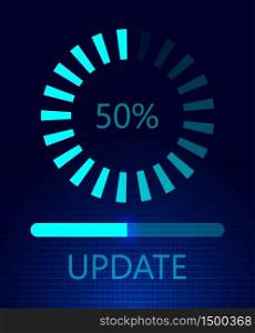 Software update on cyberspace. Loading process concept. Upgrade application progress icons. Flat vector on dark blue background for web, landing page, apps.. Software update on cyberspace. Loading process concept. Upgrade application progress icons.