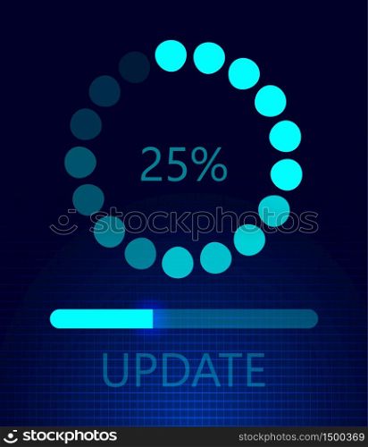 Software update on cyberspace. Loading process concept. Upgrade application progress icons. Flat vector on dark blue background for web, landing page, apps.. Software update on cyberspace. Loading process concept. Upgrade application progress icons.