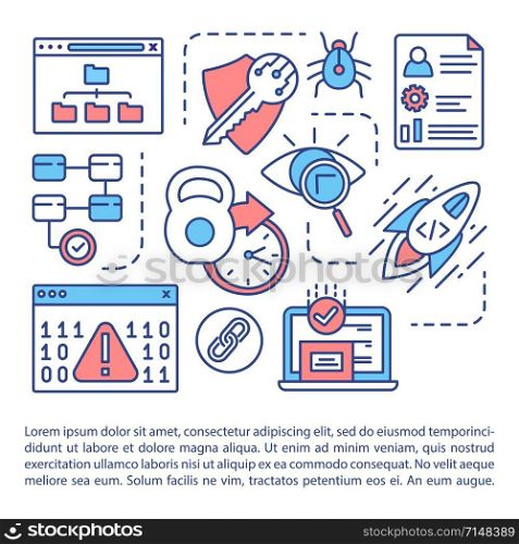 Software usability testing article page vector template. Cyber security. Coding. Bug fixes. Brochure, magazine, booklet design element with linear icons. Print design. Concept illustrations with text