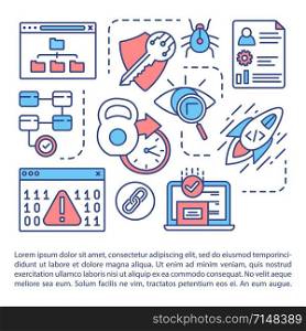 Software usability testing article page vector template. Cyber security. Coding. Bug fixes. Brochure, magazine, booklet design element with linear icons. Print design. Concept illustrations with text