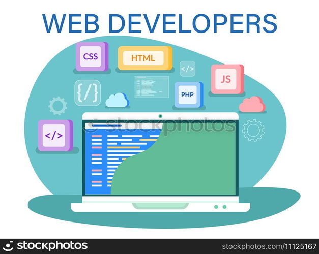 Software website developer with computer, programmer service, open source general purpose programming language. PHP and HTML development concept. Scripting web applications allows to create programs. Software website developer with computer, programmer service, programming language, web app