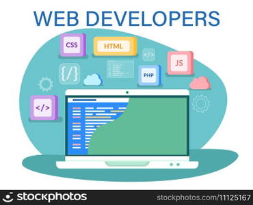 Software website developer with computer, programmer service, open source general purpose programming language. PHP and HTML development concept. Scripting web applications allows to create programs. Software website developer with computer, programmer service, programming language, web app