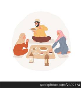 Sohour isolated cartoon vector illustration Islamic family having iftar meal, Sohor celebration together, honoring old cultural traditions, religious festivals, holy days vector cartoon.. Sohour isolated cartoon vector illustration