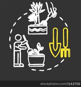 Soil fluffing chalk RGB color concept icon. Houseplants caring. Indoor flowers concern. Potted ground loosen idea. Vector isolated chalkboard illustration on black background