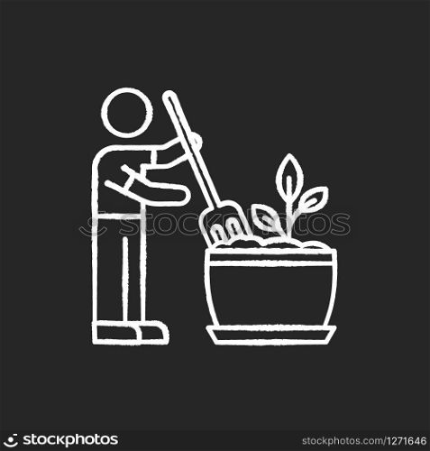 Soil fluffing chalk white icon on black background. Plowing, ploughing earth. Houseplant care. Aeration. Plant growing, planting process. Indoor gardening. Isolated vector chalkboard illustration