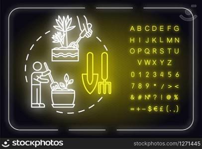 Soil fluffing neon light concept icon. Houseplants caring. Indoor flowers concern. Potted ground loosen idea. Outer glowing sign, alphabet, numbers and symbols. Vector isolated RGB color illustration