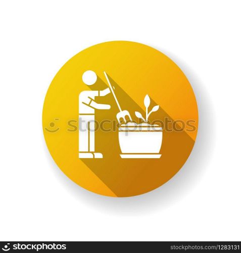 Soil fluffing orange flat design long shadow glyph icon. Plowing, ploughing earth. Houseplant care. Aeration. Plant growing, planting process. Indoor gardening. Silhouette RGB color illustration