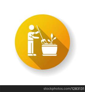 Soil fluffing orange flat design long shadow glyph icon. Plowing, ploughing earth. Houseplant care. Aeration. Plant growing, planting process. Indoor gardening. Silhouette RGB color illustration