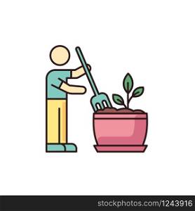 Soil fluffing RGB color icon. Plowing, ploughing earth. Houseplant care. Aeration. Plant growing, planting process. Indoor gardening. Isolated vector illustration