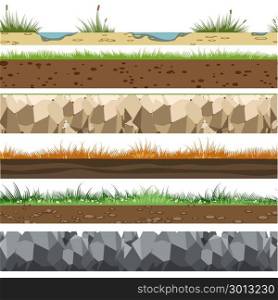 Soil horizontal patterns. Soil horizontal patterns. Underground of land layers with rocks, limestone and grass gaming background vector illustration