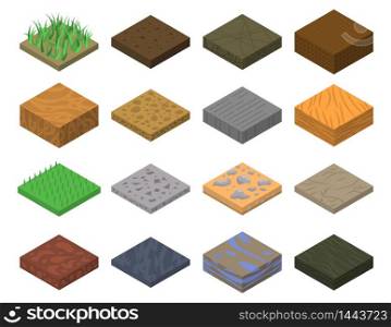 Soil icons set. Isometric set of soil vector icons for web design isolated on white background. Soil icons set, isometric style